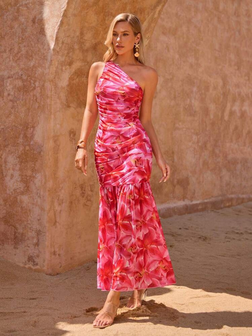 SHEIN Pink Floral One Shoulder Maxi Dress Elegant Floral Asymmetrical Neck small